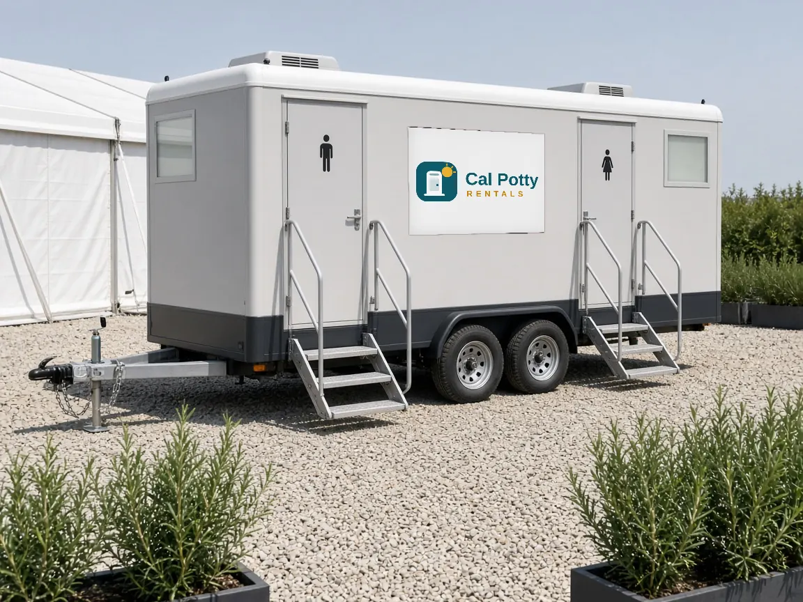 A grey and white restroom trailer on a gravel area beside a white tent and lavender plants