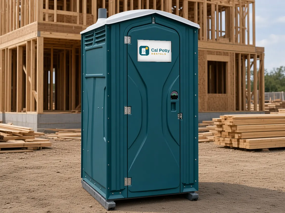 A teal porta potty on a dirt lot in front of a wood-framed house under construction